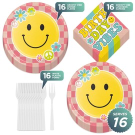 Groovy Happy Vibes Flower Power Paper Dinner Plates, Birthday Napkins, and Forks (Serves 16)