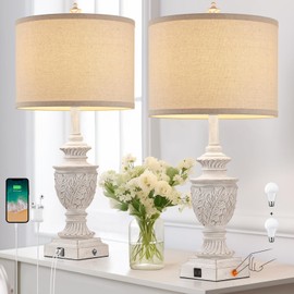 Farmhouse 3-Way Dimmable Touch Table Lamp Set of 2 for Bedroom Living Room with USB A+C Charging Ports 28" Tall Rustic Traditional Nightstand Bedside Lamps White End Table Lamp (2 Bulbs Included)
