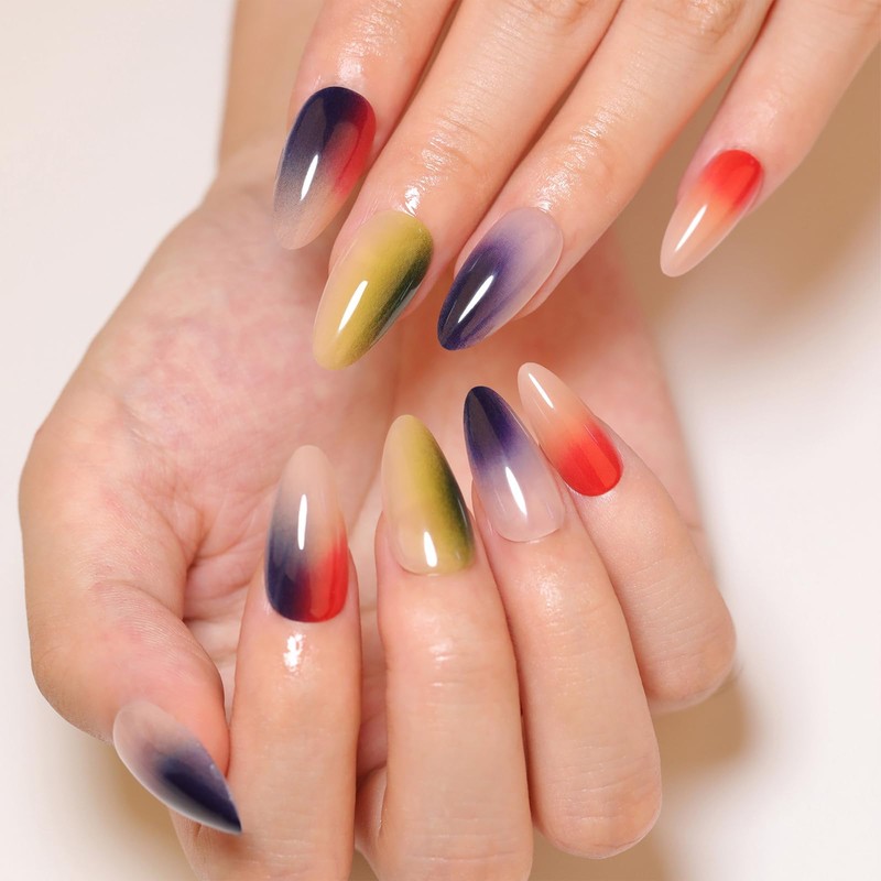 GlamRays 24 Pieces Pink Medium Rainbow Gradient Almond False Nails