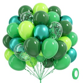 60pcs Green Balloons 12inch with Dark Lime Metallic Green Confetti Balloons for Jungle Dinosaur Safari Baby Shower Birthday Party Decorations