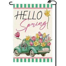 Truck with Flowers Hello Spring Garden Flag 12x18 Inch Vertical Double Sided Seasonal Summer Buffalo Plaid Small Flags Farmhouse Holiday Outside Decoration For Yard (ONLY FLAG) CJ30