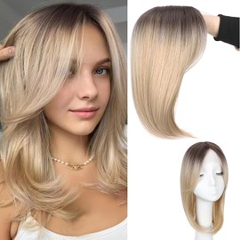 Hair Toppers For Thinning Hair Women Ombre Brown Blonde 14inch Clip in Synthetic Hairpiece,4×2.5inch Lace Hand-Tied Topper with Fringe Swiss Lace Base