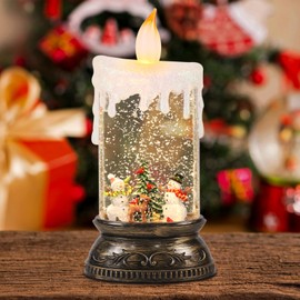 GenSwin Christmas Snow Globes with Music USB Rechargable Cable and Timer, 1 Pcs Christmas Music Box Lantern with Snowman and Snowdeer Scene for Christmas Indoor Centerpieces