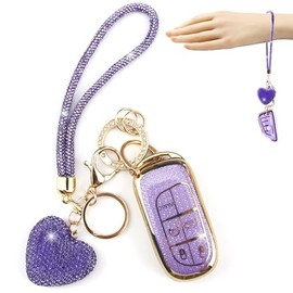 YIKECASE Key Fob Cover with Diamond Heart Keychain for Women, Car Key Holder Compatible with Jeep Grand Cherokee Renegade Dodge RAM Durango Challenger Chrysler Protector, 5 Buttons (Purple-Wrist Rope)