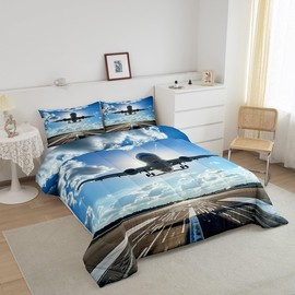 Manfei Airplane Kids Comforter Set Full Size,Vintage Aircraft Photography Military Style Duvet Set Bedroom Decor,Glitter Sunshine Blue Sky Plane Microfiber Soft Bedding Set