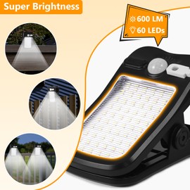 Clip on Solar Lights Outdoor with Motion Sensor, Solar Fence Lights with 60 LEDs(6000K), 1500mAh Battery with Dual Charging, IP65 Waterproof Security light for Chain Link, Gutter, Camping (4 Pack)
