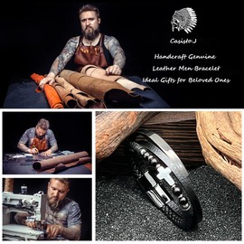 Casisto.J Men's Leather Bracelet Braided Beads Stainless Steel Crucifix Black with Magnetic Clasp Gift Pack, Stainless Steel