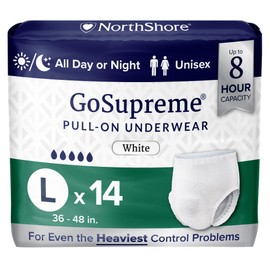 NorthShore GoSupreme Overnight Incontinence Underwear, 8-Hour Pullup Style, Large, 14 Count Bag, White, 36-48 inches, Unisex Adult Diapers