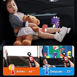 DOSYU Parasol Magnético para Coche, Parasol Ventana Lateral de Dibujos Animados, Diseño de Doble Capa, 5 Capas de Aislamiento, Máxima Protección contra Rayos UVA y Anti-Mosquitos. (Dinosaurio)