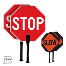 T&R (2 Pack) Large Stop Slow Sign with Handle, 18 x 18 Inches Double Sided Stop/Slow Traffic Sign, Rust Free Aluminum Reflective, Weather Resistant, Waterproof, Fade Resistant, Easy to Mount(Orange)