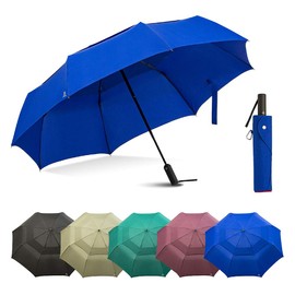 Portobello Large Travel Umbrella Folds Into Portable Travel Size - 54 Inch Double Vented Canopy Big Enough To Fit In 2 Adults - Auto Open Close Umbrellas for Rain Large Size (Blue)