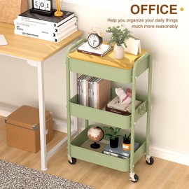 HIDODO 3 Tier Metal Utility Cart, Rolling Storage Cart with Wooden Tabletop, Metal Organizer Cart with Lockable Wheels for Office, Bedroom, Kitchen and Living Room (Green)