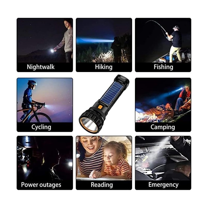 E-SHIDAI 4pcs Solar/Rechargeable Multi Function 1000 Lumens LED Flashlight, with