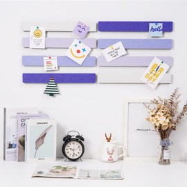 Afumazi 8Pcs Felt Board Tile Bulletin Board Bar Strip for Wall, Self-Adhesive Memo Pin Board with 24Pushpins, Corkboard Strip for Office Home Classroom(Purple)