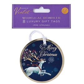 Design by Violet Merry Christmas Whimsical Reindeer Design Gift Tags Xmas - Pack of 8 - Pre Strung Luxury Tags - Gift Tags for Presents - Gift Wrap for Christmas - Christmas Wrap