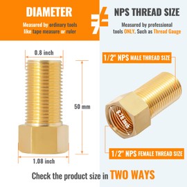 SUNGATOR Brass Pipe Fitting, 1/2-Inch Male x 1/2-Inch Female Pipe Nipple Extension Fitting Adapter, 1/2'' to 1/2'' Brass Pipe Extension Fitting, NPS Hex Connector with Sealing Tape,Length 50MM (6 Pcs)