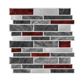 Alwayspon 10 Sheets 12" x12inch Black and Red Marble Effect Vinyl Tiles, Backsplash, Self-Adhesive Peel and Stick Wall Tile Stickers, Stick on Subway Tiles for Kitchen Bathroom Wall Decor