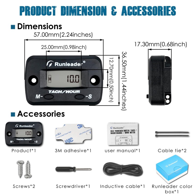 Runleader Digital Tach/Hour Meter,Maintenance Reminder for Lawn Mower Generator Motorcycle