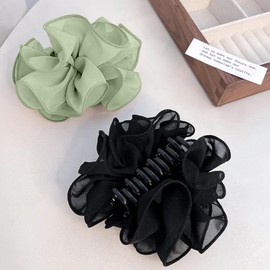 2pcs girls' large ribbon hair clips, strong grip hair clips, large clips, women's long hair styling accessories (green&black)