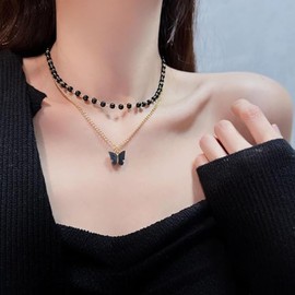 Aonklot Layered Butterfly Choker Necklace Black Beaded Chain Necklace Dainty Crystal Butterfly Pendant Necklace Jewelry Gift for Women