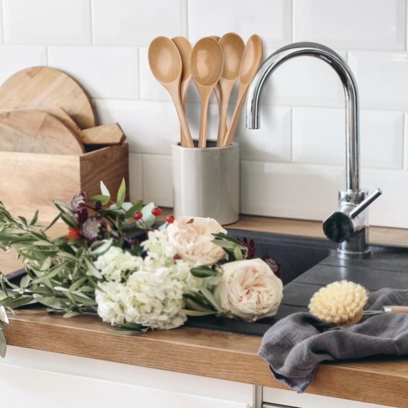 6 PCS Wooden Spoons 9.25 Inch Soup Spoons Wood Utensils