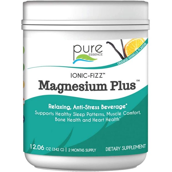 Pure Essence Labs Ionic Fizz Magnesium Plus - Calm Sleep Aid and Natural Anti Stress Supplement Powder - Orange Vanilla - 12.06oz