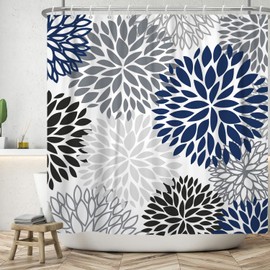 Boho Dahlia Flowers Shower Curtain Black Indigo Blue and Grey Floral Shower Curtain Sets Fabric Bath Curtain Abstract Pattern Bahthoom Decor with 12 Hooks 72"x72"