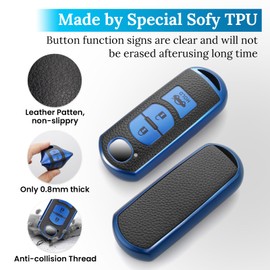 CTRINEWS for Mazda Key Fob Cover with Metal Braided Rope Keychain, Upgraded TPU Surface Grain Case for CX-3 CX-5 CX-7 CX-9 Mazda 3 6 MX-5 Miata (3 buttons) (Blue, A2)