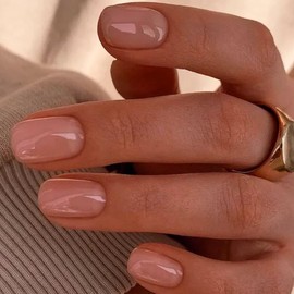Nude Pink Press On Nails - Medium Short Square False Nails - Classic Glazed Natural Glossy Removable Coffin French Fake Nails - Acrylic Full Cover Stick On Nail For Women Girls Nails Art Manicure