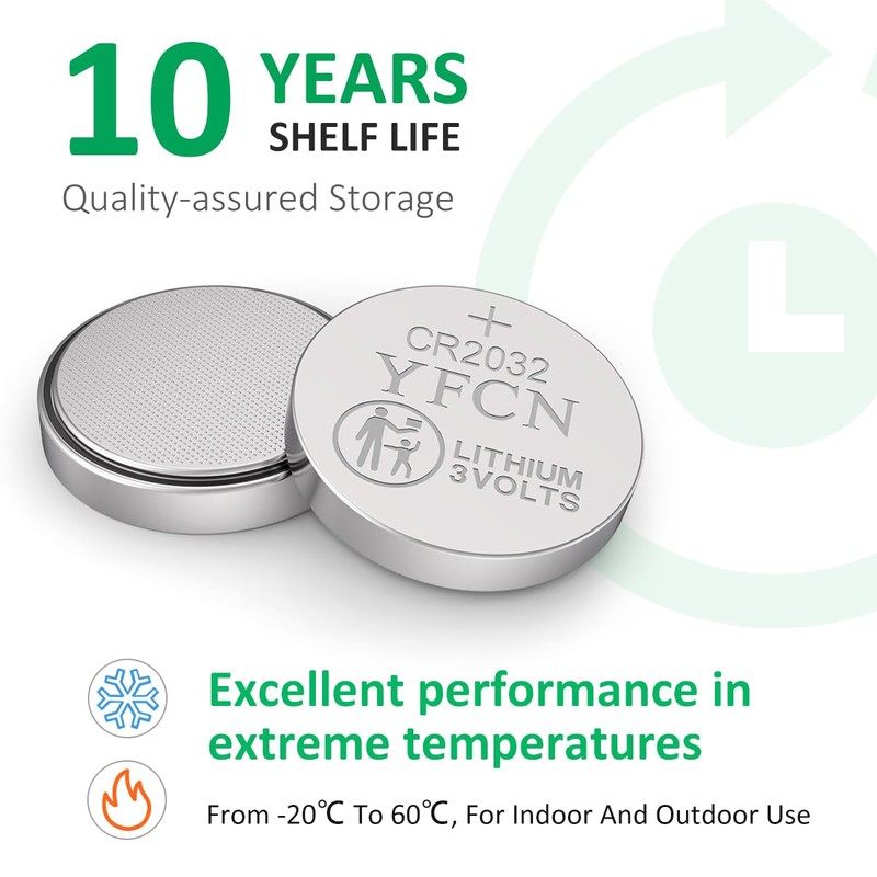 YFCN CR2032 Battery 3V Lithium Batteries 5 Count Pack CR2032