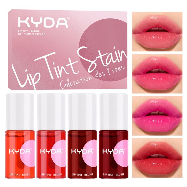 KYDA 4 Farben Lip Tint Stain Set, Flüssiger Lippenstift Hydrating Lip Stain, Soft Lip Lasting Moisturiser, Wasserfester, Langhaftender Lippenstift Farbe Makeup
