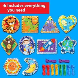 EZCRA Lacing Cards for Kids Ages 3-5 - 10 Pcs Animal and Space Theme with Colorful Laces - Craft Kit for Kids DIY Activity Set - Fine Motor Skills Toys and Preschool Learning Activities