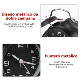 Reloj Despertador Analógico Retro, Reloj despertador análogo de doble campana, Reloj Despertador mecánico Moderno, Despertador dual fuerte, silenciosa, Gran Alarma para durmientes Pesados, 4.5 inch.