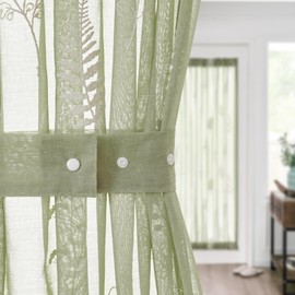 jinchan French Sheer Volie Door Curtain Leaf Embroidered Farmhouse Curtain for Patio Door with Tieback Light Filtering for Door Window Closet Rod Pocket 72 Inches 1 Panel Green on Beige