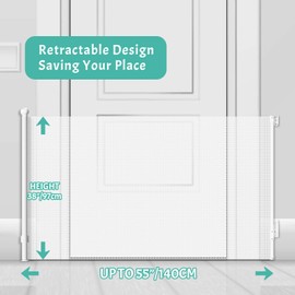JSQBSECL Retractable Baby Gate, Pet Gate for Stairs, Mesh Dog Gate for Doorways, Safety Locking Gates for Baby Indoor, Stair Gate for Outdoor, Hallways, Doorways (White, 55 inch)