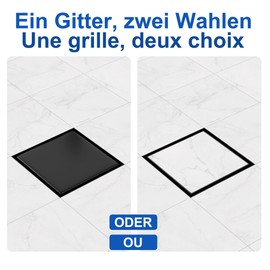 Kasloglow Shower Drain Black Square 15 x 15 cm, Stainless Steel Floor Drain, Tilable, Siphon with Hair Strainer and Odour Stop, 360° Rotatable for Floor-Level Showers