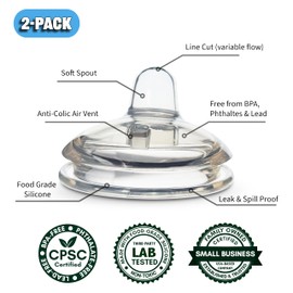 Sippy Spout Nipples for Comotomo (original and Gen 2), Mason Glass and haakaa Baby Bottles, 2-Count, Food Grade Soft Silicone, Spill-proof, Transition Nipples, Converts to Sippy Cup BPA-free 4+ months