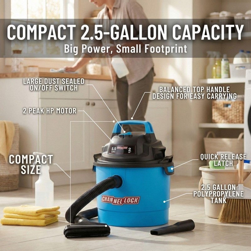 Channellock Wet/Dry Vacuum - Includes Nozzle & Crevice Tool, Portable,