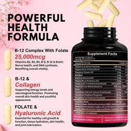 Vitamina B12 Con Acido Hialurónico, Colágeno Y Folato 60caps                                                                                          