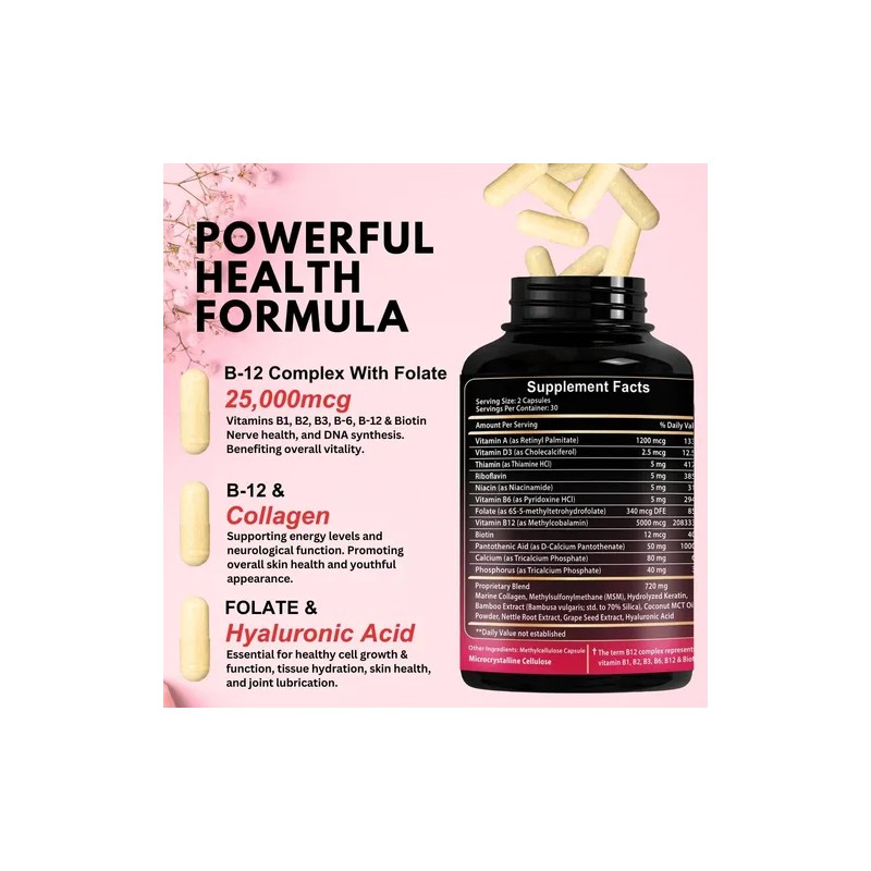 Vitamina B12 Con Acido Hialurónico, Colágeno Y Folato 60caps