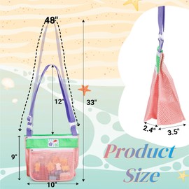 Noamus 3 Pack Beach Toy Mesh Bag, Multi-Color Sand Toys Storage Tote Bags, Sea Shell Collecting Bag with Adjustable Carrying Straps and Zipper for Swimming Gifts (3 Styles)