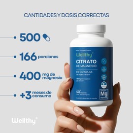 Wellthy Citrato de Magnesio Premium 500 Cápsulas 400mg. 100% Natural, Vcaps Cápsulas Veganas, 166 Días de Consumo.