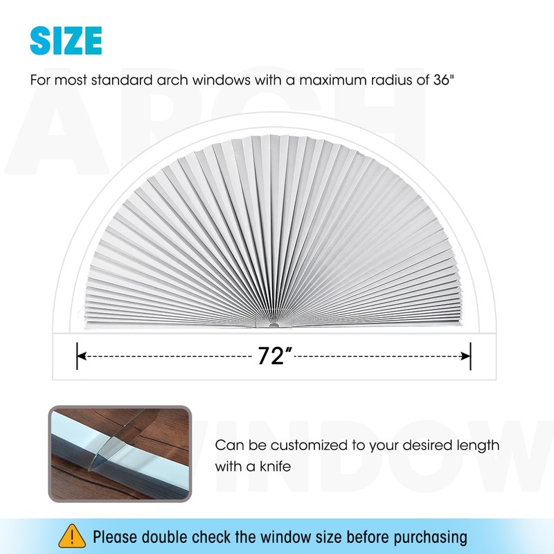 Arch Window Light Fully Blocking Pleated Shade Blinds for semi-Circle