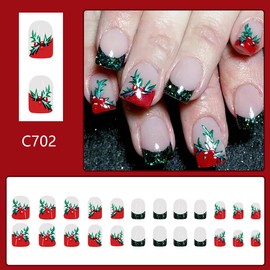 24Pcs Glitter French Tip Press on Nails Short Square Fake Nails Christmas Cute Stick on Nails Designs Full Cover Glossy Nude Acrylic False Nails Artificial Glue on Nails for Women and Girls 24Pcs