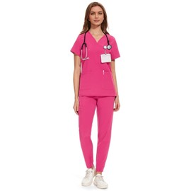 COZYFIT Medical Scrubs for Women Set - Curved V-Neck Scrub Top & Jogger Pants with 8 Pockets - Hot Pink, S