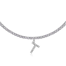 Initial T Necklaces for Women 14K White Gold Plated Cubic Zirconia Choker Silver Tennis Chain Letter Necklace Gift