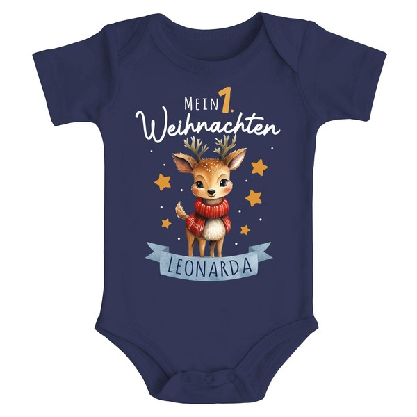 SpecialMe® Baby Bodysuit with Saying My 1st Christmas with Name and Reindeer Motif Baby Gifts Personalised Short Sleeve Organic Cotton, christmas navy