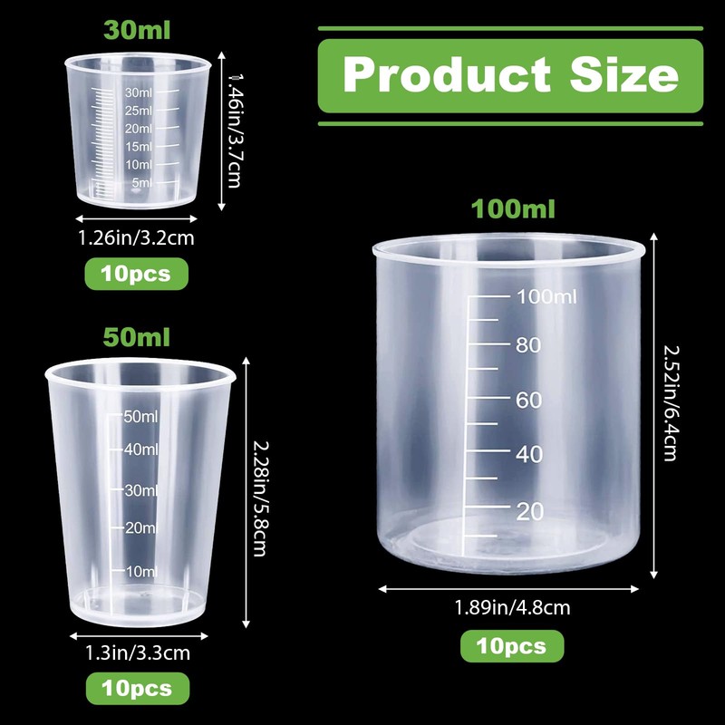 30 Pcs Reusable Plastic Measuring Cups, 30/50/100ml Resin Mixing Cups,