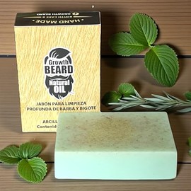 Jabón natural de limpieza profunda para barba y bigote Growth Beard, fresco aroma con aceites esenciales de Romero y Menta, promueve el sano crecimiento, 100% natural, artesanal y ecológico - Paquete con 3 piezas