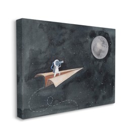 Stupell Industries Paper Airplane Flying in Outer Space Astronaut Moon, Designed by Rachel Nieman Canvas Wall Art, 16 x 20, Off- White